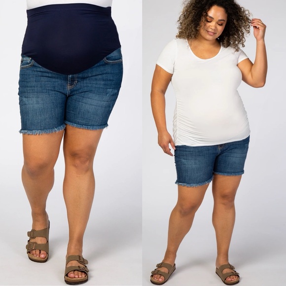 Pinkblush Dark Wash Distressed Raw Hem Full Panel Maternity Plus Size Shorts - Picture 10 of 10